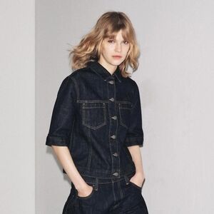 NWT Zara Cropped Pocket Denim Shirt Jacket In Dark Indigo Blue - XS